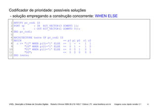 VHDL Descrição e Síntese de Circuitos Digitais Roberto d’Amore ISBN 85-216-1452-7 Editora LTC www.ltceditora.com.br Imagens curso rápido revisão 3.1 61
Codificador de prioridade: possíveis soluções
- solução empregando a construção concorrente: WHEN ELSE
1
2
3
4
5
6
7
8
9
10
11
12
ENTITY pr_cod1 IS
PORT (p : IN BIT_VECTOR(3 DOWNTO 1);
c : OUT BIT_VECTOR(1 DOWNTO 0));
END pr_cod1;
ARCHITECTURE teste OF pr_cod1 IS
BEGIN -- p3 p1 p0 c1 c0
c <= "11" WHEN p(3)='1' ELSE -- 1 - - 1 1
"10" WHEN p(2)='1' ELSE -- 0 1 - 1 0
"01" WHEN p(1)='1' ELSE -- 0 0 1 0 1
"00"; -- 0 0 0 0 0
END teste;
 