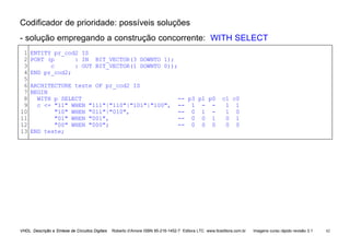 VHDL Descrição e Síntese de Circuitos Digitais Roberto d’Amore ISBN 85-216-1452-7 Editora LTC www.ltceditora.com.br Imagens curso rápido revisão 3.1 62
Codificador de prioridade: possíveis soluções
- solução empregando a construção concorrente: WITH SELECT
1
2
3
4
5
6
7
8
9
10
11
12
13
ENTITY pr_cod2 IS
PORT (p : IN BIT_VECTOR(3 DOWNTO 1);
c : OUT BIT_VECTOR(1 DOWNTO 0));
END pr_cod2;
ARCHITECTURE teste OF pr_cod2 IS
BEGIN
WITH p SELECT -- p3 p1 p0 c1 c0
c <= "11" WHEN "111"|"110"|"101"|"100", -- 1 - - 1 1
"10" WHEN "011"|"010", -- 0 1 - 1 0
"01" WHEN "001", -- 0 0 1 0 1
"00" WHEN "000"; -- 0 0 0 0 0
END teste;
 