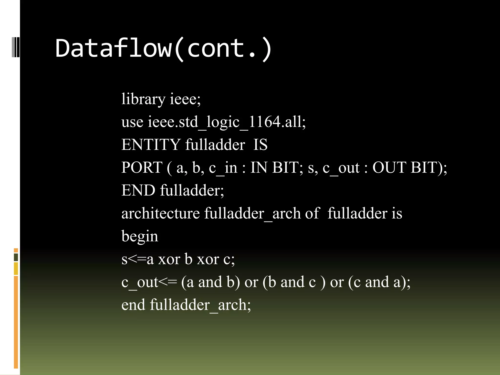 Dataflow Concurrent/ Continuously or Combinational LogicTo give a signal a concurrent assignmentSignalName <= expression;Inputs Outputs Full  adderSum (s)ABCarry out  (c)Carry( in)