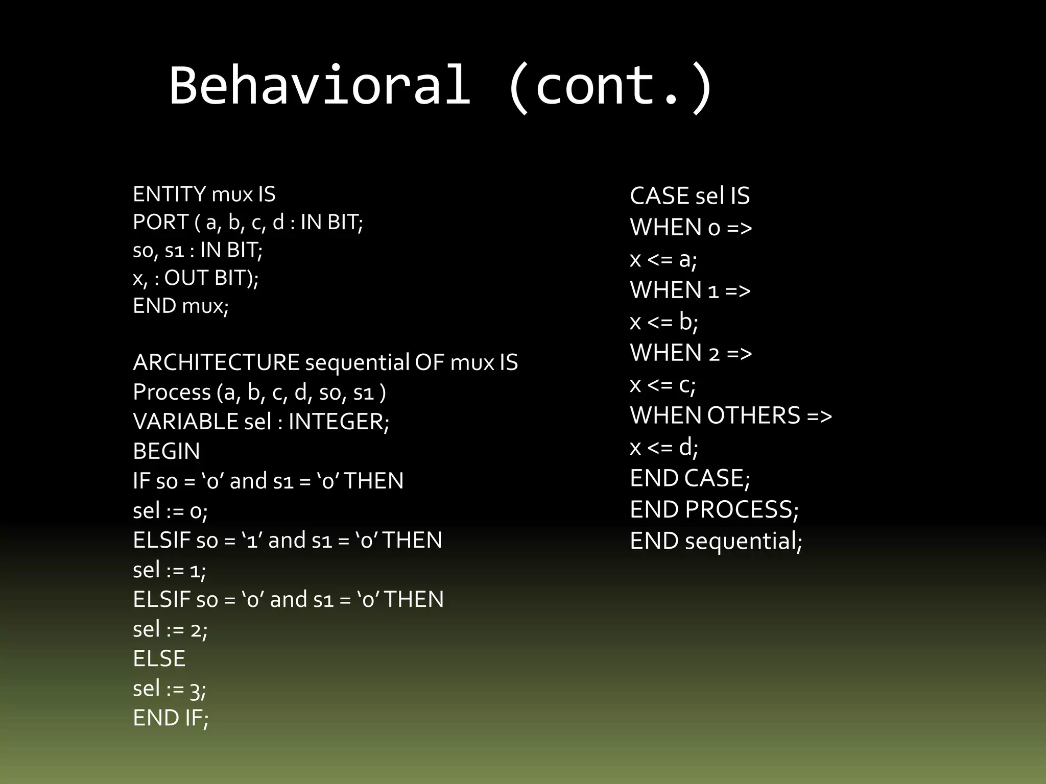 Dataflow(cont.)library ieee;use ieee.std_logic_1164.all;ENTITY fulladder  ISPORT ( a, b, c_in : IN BIT; s, c_out : OUT BIT);END fulladder;architecture fulladder_arch of  fulladder isbegins<=a xor b xor c;c_out<= (a and b) or (b and c ) or (c and a);end fulladder_arch;