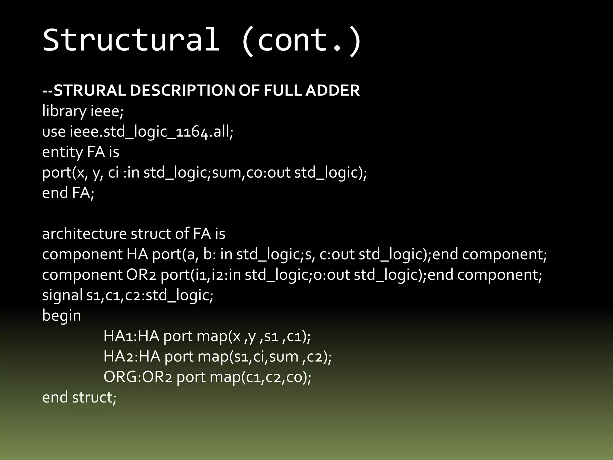 StructuralThe circuit is described as an interconnection of known components.AxorsumBandcarryHalf adderAHalf Adder 1sumHalf  Adder 2B CarryoutOrCarry inFull adder using half adder