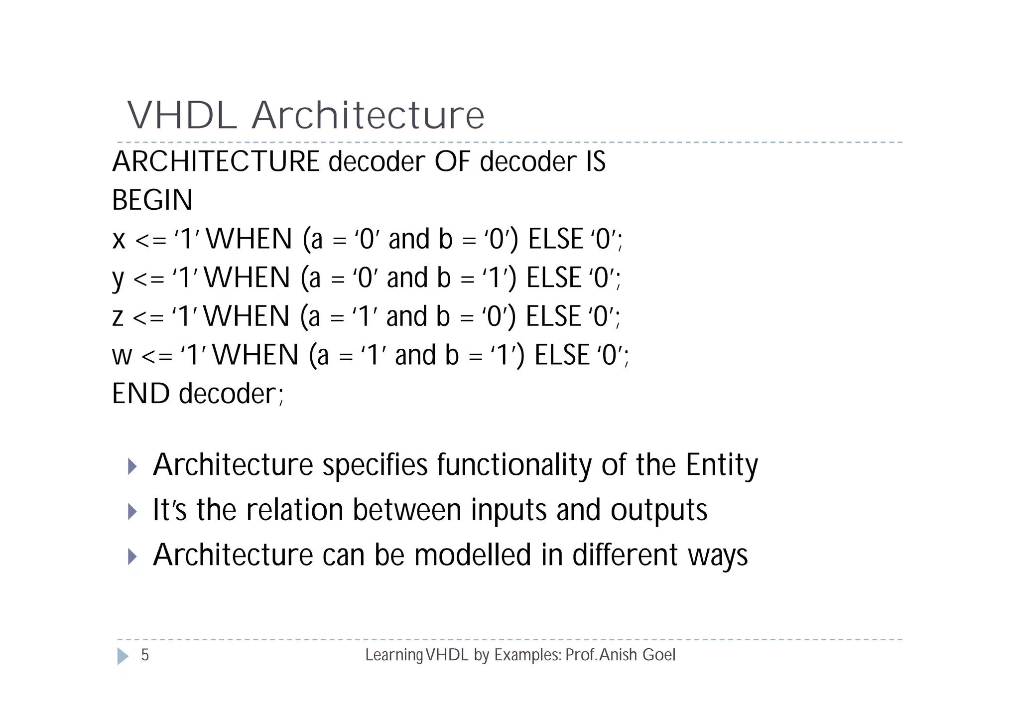 VHDL Architecture
LearningVHDL by Examples: Prof.Anish Goel
 Architecture specifies functionality of the Entity
 It’s the relation between inputs and outputs
 Architecture can be modelled in different ways
ARCHITECTURE decoder OF decoder IS
BEGIN
x <= ‘1’ WHEN (a = ‘0’ and b = ‘0’) ELSE ‘0’;
y <= ‘1’WHEN (a = ‘0’ and b = ‘1’) ELSE ‘0’;
z <= ‘1’WHEN (a = ‘1’ and b = ‘0’) ELSE ‘0’;
w <= ‘1’ WHEN (a = ‘1’ and b = ‘1’) ELSE ‘0’;
END decoder;
5
 
