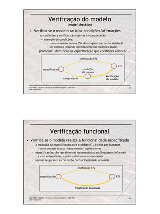 Verificação do modelo
                                                     (model checking)

  • Verifica se o modelo satisfaz condições/afirmações
         –     as condições a verificar são sujeitas a interpretação
                • exemplo de condições:
                        – todos os estados de uma FSM são atingidos? não ocorre deadlock?
                        – um interface responde correctamente sob condições dadas?
         – problema: identificar na especificação que condições verificar...

                                                                     codificação RTL

                                                                                                    RTL
                   especificação                                       condições
                                                                       afirmações
                                                                                          Verificação
                                              interpretação                               do modelo


 FEUP/DEEC : EEC0055 / Projecto de Sistemas Digitais, 2006/2007                                           87
 José Carlos Alves




                             Verificação funcional
• Verifica se o modelo realiza a funcionalidade especificada
    – a tradução da especificação para o código RTL é feita por humanos
             • é um processo manual “naturalmente” sujeito a erros
    – especificações são (geralmente) representadas em linguagens informais
             • com ambiguidades, sujeitas a diferentes interpretações
    – apenas se garante a correcção da funcionalidade ensaiada

                                                                    codificação RTL


                especificação                                                                     RTL



                                                                  Verificação funcional


 FEUP/DEEC : EEC0055 / Projecto de Sistemas Digitais, 2006/2007                                           88
 José Carlos Alves
 