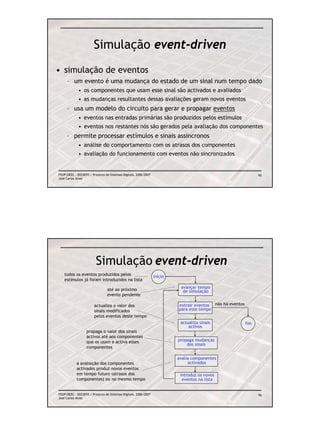 Simulação event-driven
• simulação de eventos
     – um evento é uma mudança do estado de um sinal num tempo dado
             • os componentes que usam esse sinal são activados e avaliados
             • as mudanças resultantes dessas avaliações geram novos eventos
     – usa um modelo do circuito para gerar e propagar eventos
             • eventos nas entradas primárias são produzidos pelos estímulos
             • eventos nos restantes nós são gerados pela avaliação dos componentes
     – permite processar estímulos e sinais assíncronos
             • análise do comportamento com os atrasos dos componentes
             • avaliação do funcionamento com eventos não sincronizados


FEUP/DEEC : EEC0055 / Projecto de Sistemas Digitais, 2006/2007                                                   95
José Carlos Alves




                         Simulação event-driven
   todos os eventos produzidos pelos                             início
   estímulos já foram introduzidos na lista
                                                                           avançar tempo
                                até ao próximo                              de simulação
                                evento pendente

                        actualiza o valor dos                             extrair eventos não há eventos
                        sinais modificados                                para este tempo
                        pelos eventos deste tempo
                                                                           actualiza sinais                fim
                                                                               activos
                  propaga o valor dos sinais
                  activos até aos componentes
                  que os usam e activa esses                              propaga mudanças
                                                                              dos sinais
                  componentes

                                                                          avalia componentes
            a avaliação dos componentes                                        activados
            activados produz novos eventos
            em tempo futuro (atrasos dos                                   introduz os novos
            componentes) ou no mesmo tempo                                  eventos na lista


FEUP/DEEC : EEC0055 / Projecto de Sistemas Digitais, 2006/2007                                                   96
José Carlos Alves
 