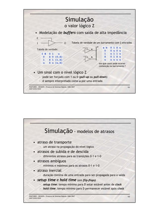 Simulação
                                                o valor lógico Z
        • Modelação de buffers com saída de alta impedância
          E

          I                                    O         Tabela de verdade de um barramento com 2 entradas
                                                                             o      a b    0   1   Z   u
          Tabela de verdade:                                            a
                                                                                     0     0   u   0   u
                I E        0   1   u                                                 1     u   1   1   u
                 0         Z   0 {0,Z}                                  b            Z     0   1   Z   u
                 1         Z   1 {1,Z}                                               u     u   u   u   u
                 u         Z   u {u,Z}                                           em que casos pode ocorrer
                                                                                 contenção no barramento ?


     • Um sinal com o nível lógico Z
              – pode ser forçado com 1 ou 0 (pull-up ou pull-down)
              – é sempre interpretado como u por uma entrada
FEUP/DEEC : EEC0055 / Projecto de Sistemas Digitais, 2006/2007                                               101
José Carlos Alves




                     Simulação - modelos de atrasos
     • atraso de transporte
              – um atraso na propagação do nível lógico
     • atrasos de subida e de descida
              – diferentes atrasos para as transições 0-1 e 1-0
     • atrasos ambíguos
              – mínimos e máximos para os atrasos 0-1 e 1-0
     • atraso inercial
              – duração mínima de uma entrada para ser propagada para a saída
     • setup time e hold time (em flip-flops)
              – setup time: tempo mínimo para D estar estável antes de clock
              – hold time: tempo mínimo para D permanecer estável após clock

FEUP/DEEC : EEC0055 / Projecto de Sistemas Digitais, 2006/2007                                               102
José Carlos Alves
 