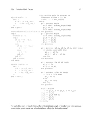 P1.4 Counting Clock Cycles                                                                   87


                             architecture main of tinyckt is
entity bigckt is               component bigckt ( ... );
  port (                       signal ... : std_logic;
    a, b : in std_logic;     begin
    c    : out std_logic       p0 : process begin
  );                             wait until rising_edge(clk);
end bigckt;                      p0_a <= i;
                                 wait until rising_edge(clk);
architecture main of bigckt is end process;
begin                          p1 : process begin
  process (a, b)                 wait until rising_edge(clk);
  begin                          p1_b <= p1_d;
    if (a = ’0’) then            p1_c <= p1_b;
      c <= ’0’;                  p1_d <= s2_k;
    else                       end process;
      if (b = 1’) then
        c <= ’1’               p2 : process (p1_c, p3_h, p4_i, clk) begin
      else                       if rising_edge(clk) then
        c <= ’0’;                  p2_e <= p3_h;
      end if;                      p2_f <= p1_c = p4_i;
    end if;                      end if;
  end process;                 end process;
end main;
                               p3 : process (i, s4_m) begin
entity tinyckt is                p3_g <= i;
  port (                         p3_h <= s4_m;
    clk : in std_logic;        end process;
    i   : in std_logic;
    o   : out std_logic        p4 : process (clk, i) begin
  );                             if (clk = ’1’) then
end tinyckt;                       p4_i <= i;
                                 else
                                   p4_i <= ’0’;
                                 end if;
                               end process;

                                         huge : bigckt
                                           (a => p2_e, b => p1_d, c => h_y);
                                         s1_j <= s3_l;
                                         s2_k <= p1_b XOR i;
                                         s3_l <= p2_f;
                                         s4_m <= p2_f;
                                       end main;


For each of the pairs of signals below, what is the minimum length of time between when a change
occurs on the source signal and when that change affects the destination signal?
 