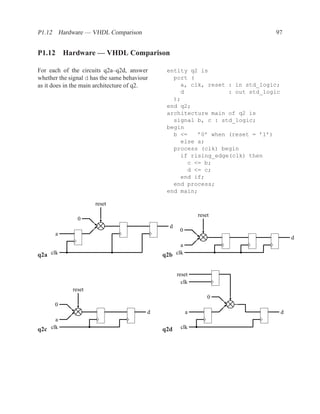 P1.12 Hardware — VHDL Comparison                                              97


P1.12 Hardware — VHDL Comparison

For each of the circuits q2a–q2d, answer       entity q2 is
whether the signal d has the same behaviour      port (
as it does in the main architecture of q2.         a, clk, reset : in std_logic;
                                                   d             : out std_logic
                                                 );
                                               end q2;
                                               architecture main of q2 is
                                                 signal b, c : std_logic;
                                               begin
                                                 b <=   ’0’ when (reset = ’1’)
                                                   else a;
                                                 process (clk) begin
                                                   if rising_edge(clk) then
                                                     c <= b;
                                                     d <= c;
                                                   end if;
                                                 end process;
                                               end main;

                      reset

                                                             reset
               0
                                                d
                                                     0
      a
                                                                                       d
                                                    a
q2a clk                                       q2b clk


                                                    reset
                                                      clk
             reset
                                                                 0
      0
                                          d              a                         d
      a
q2c clk                                       q2d    clk
 