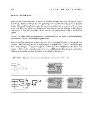 110                                                    CHAPTER 2. RTL DESIGN WITH VHDL


Estimate Area for Circuit        ..............................................................


To have a more accurate estimate of the area of a circuit, we begin with each ﬂip-ﬂop and output,
then traverse backward through the fanin gathering as much combinational circuitry as possible
into the FPGA cell. Usually, this means that we continue as long as we have four or fewer inputs
to the cell. However, when traversing through some circuits, we will temporarily have ﬁve or
more signals as input, then further back in the fanin, the circuit will collapse back to less than ﬁve
signals.

Once we can no longer include more circuitry into an FPGA cell, we start with a fresh FPGA cell
and continue to traverse backward through the fanin.

Many signals have more than one target, so many FPGA cells will be connected to multiple des-
tinations. When choosing whether to include a gate in an FPGA cell, consider whether the gate
drives multiple targets. There are two options: include the gate in an FPGA cell that drives both
targets, or duplicate the gate and incorporate it into two FPGA cells. The choice of which option
will lead to the smaller circuit is dependent on the details of the design.


    Question:    Map the combinational circuits below onto generic FPGA cells.

a                                                                                 z
                                                  a
b                                                 b
                                                  c     comb              R
                                                  d                  D        Q

                                                                     CE
                     z
c                                                                         S




d


                                                                                  z                            x
a                    g                            a
                                                  b
                                                                                      z
                                                                                      y
           e                              x       c     comb              R
                                                                                          comb         R
b                                                 d                  D

                                                                     CE
                                                                              Q   y               D

                                                                                                  CE
                                                                                                           Q



                     h                                                    S                            S
c          f
                             z      y
d
                     i
 