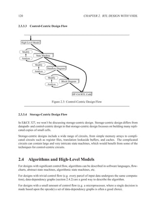120                                                     CHAPTER 2. RTL DESIGN WITH VHDL


2.3.3.3 Control-Centric Design Flow




  High-Level Model


   Modify
               State Machine
  Analyze

              Modify
                         Dataflow Diagram
             Analyze

                          Modify
                                      Block Diagram
                         Analyze



                                               DP+Ctrl RTL Code


                               Figure 2.3: Control-Centric Design Flow



2.3.3.4 Storage-Centric Design Flow

In E&CE 327, we won’t be discussing storage-centric design. Storage-centric design differs from
datapath- and control-centric design in that storage-centric design focusses on building many repli-
cated copies of small cells.
Storage-centric designs include a wide range of circuits, from simple memory arrays to compli-
cated circuits such as register ﬁles, translation lookaside buffers, and caches. The complicated
circuits can contain large and very intricate state machines, which would beneﬁt from some of the
techniques for control-centric circuits.



2.4 Algorithms and High-Level Models
For designs with signiﬁcant control ﬂow, algorithms can be described in software languages, ﬂow-
charts, abstract state machines, algorithmic state machines, etc.
For designs with trivial control ﬂow (e.g. every parcel of input data undergoes the same computa-
tion), data-dependency graphs (section 2.4.2) are a good way to describe the algorithm.
For designs with a small amount of control ﬂow (e.g. a microprocessor, where a single decision is
made based upon the opcode) a set of data-dependency graphs is often a good choice.
 