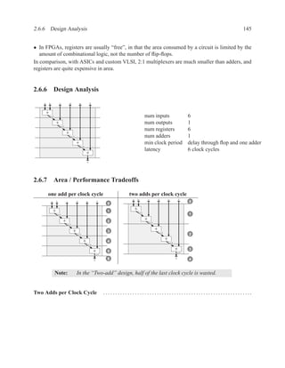 2.6.6 Design Analysis                                                                                                                                          145


• In FPGAs, registers are usually “free”, in that the area consumed by a circuit is limited by the
   amount of combinational logic, not the number of ﬂip-ﬂops.
In comparison, with ASICs and custom VLSI, 2:1 multiplexers are much smaller than adders, and
registers are quite expensive in area.


2.6.6 Design Analysis
    a       b               c           d           e           f


        +
            x1                                                                                       num inputs                         6
                        +                                                                            num outputs                        1
                            x2
                                                                                                     num registers                      6
                                    +
                                        x3                                                           num adders                         1
                                                +                                                    min clock period                   delay through ﬂop and one adder
                                                    x4
                                                                                                     latency                            6 clock cycles
                                                            +
                                                            z




2.6.7 Area / Performance Tradeoffs

        one add per clock cycle                                                       two adds per clock cycle
                                                                                        a       b        c        d        e        f
                a       b           c           d           e           f                                                               0
                                                                             0

                    +                                                        1              +
                                                                                                x1
                        x1                                                                                                              1
                                +                                            2                       +
                                                                                                         x2
                                    x2

                                            +                                3                                +
                                                                                                                  x3
                                                x3                                                                                      2
                                                        +                    4                                         +
                                                                                                                           x4
                                                            x4

                                                                    +        5                                                  +       3
                                                                                                                                x5
                                                                    x5
                                                                             6                                                  z
                                                                    z                                                                   4


                    Note:                       In the “Two-add” design, half of the last clock cycle is wasted.


Two Adds per Clock Cycle                                                    .............................................................
 