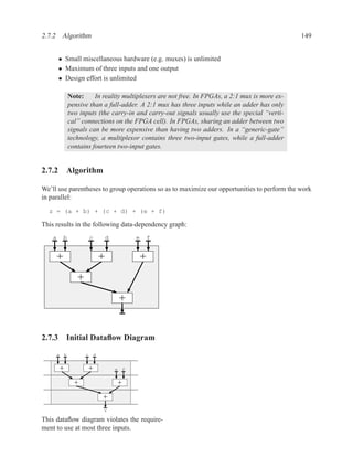 2.7.2 Algorithm                                                                                       149


        • Small miscellaneous hardware (e.g. muxes) is unlimited
        • Maximum of three inputs and one output
        • Design effort is unlimited

                    Note:     In reality multiplexers are not free. In FPGAs, a 2:1 mux is more ex-
                    pensive than a full-adder. A 2:1 mux has three inputs while an adder has only
                    two inputs (the carry-in and carry-out signals usually use the special “verti-
                    cal” connections on the FPGA cell). In FPGAs, sharing an adder between two
                    signals can be more expensive than having two adders. In a “generic-gate”
                    technology, a multiplexor contains three two-input gates, while a full-adder
                    contains fourteen two-input gates.


2.7.2 Algorithm

We’ll use parentheses to group operations so as to maximize our opportunities to perform the work
in parallel:
  z = (a + b) + (c + d) + (e + f)

This results in the following data-dependency graph:
    a       b                  c           d               e       f


        +                              +                       +
                       +
                                                   +


2.7.3 Initial Dataﬂow Diagram
        a       b          c       d


            +                  +               e       f


                      +                            +
                                       +
                                       z

This dataﬂow diagram violates the require-
ment to use at most three inputs.
 