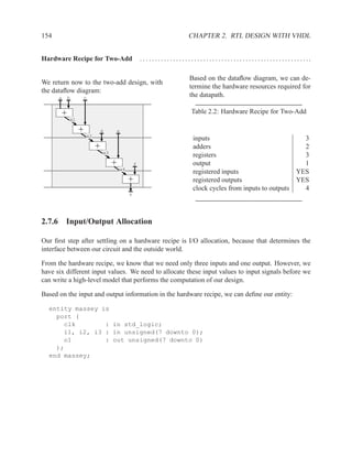 154                                                                                  CHAPTER 2. RTL DESIGN WITH VHDL


Hardware Recipe for Two-Add                           . . . . . . . . . . . . . . . . . . . . . . . . . . . . . . . . . . . . . . . . . . . . . . . . . . . . . . . ..

                                                                                      Based on the dataﬂow diagram, we can de-
We return now to the two-add design, with
                                                                                      termine the hardware resources required for
the dataﬂow diagram:
      a       b        c
                                                                                      the datapath.

          +                                                                            Table 2.2: Hardware Recipe for Two-Add
              x1

                   +            d        e
                       x2
                                                                                        inputs                                3
                            +                                                           adders                                2
                                x3
                                                                                        registers                             3
                                     +            f                                     output                                1
                                         x4
                                                                                        registered inputs                   YES
                                              +                                         registered outputs                  YES
                                                                                        clock cycles from inputs to outputs   4
                                              z




2.7.6 Input/Output Allocation

Our ﬁrst step after settling on a hardware recipe is I/O allocation, because that determines the
interface between our circuit and the outside world.

From the hardware recipe, we know that we need only three inputs and one output. However, we
have six different input values. We need to allocate these input values to input signals before we
can write a high-level model that performs the computation of our design.

Based on the input and output information in the hardware recipe, we can deﬁne our entity:

  entity massey is
    port (
      clk        : in std_logic;
      i1, i2, i3 : in unsigned(7 downto 0);
      o1         : out unsigned(7 downto 0)
    );
  end massey;
 