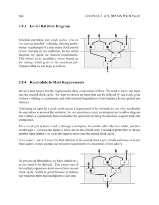 164                                                   CHAPTER 2. RTL DESIGN WITH VHDL


2.8.3 Initial Dataﬂow Diagram

                                                        a        d             b       c
Schedule operations into clock cycles. Use an
“as soon as possible” schedule, obeying perfor-
mance requirement of a maximum clock period                                          +
of one multiply or two additions. In this initial
diagram, we ignore the resource requirements.                                 +
This allows us to establish a lower bound on
the latency, which gives us the maximum per-
formance that we can hope to achieve.
                                                                        +
                                                                        z


2.8.4 Reschedule to Meet Requirements

We have four inputs, but the requirements allow a maximum of three. We need to move one input
into the second clock cycle. We want to choose an input that can be delayed by one clock cycle
without violating a requirement and with minimal degradation of performance (clock period and
latency).

If delaying an input by a clock cycle causes a requirement to be violated, we can often reschedule
the operations to remove the violation. So, we sometimes create an intermediate dataﬂow diagram
that violates a requirement, then reschedule the operations to bring the dataﬂow diagram back into
compliance.

The critical path is from d and b, through a multiplier, the middle adder, the ﬁnal adder, and then
out through z. Because the inputs d and b are on the critical path, it would be preferable to choose
another input (either a or c) as the input to move into the second clock cycle.

If we move c, we will move the ﬁrst addition in the second clock cycle, which will force us to use
three adders, which violates our resource requirement of a maximum of two adders.

                                                                 d             b       c


By process of elimination, we have settled on a
as our input to be delayed. This causes one of
                                                        a                            +
the multiply operations to be moved into second
clock cycle, which is good because it reduces                                 +
our resources from two multipliers to just one.
                                                                        +
                                                                        z
 