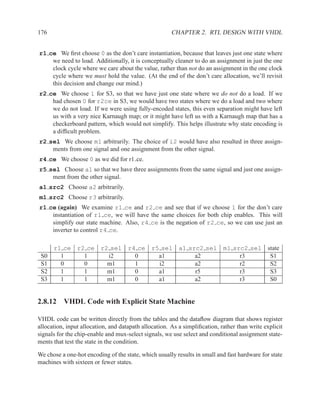 176                                                    CHAPTER 2. RTL DESIGN WITH VHDL


r1 ce We ﬁrst choose 0 as the don’t care instantiation, because that leaves just one state where
    we need to load. Additionally, it is conceptually cleaner to do an assignment in just the one
    clock cycle where we care about the value, rather than not do an assignment in the one clock
    cycle where we must hold the value. (At the end of the don’t care allocation, we’ll revisit
    this decision and change our mind.)
r2 ce We choose 1 for S3, so that we have just one state where we do not do a load. If we
    had chosen 0 for r2ce in S3, we would have two states where we do a load and two where
    we do not load. If we were using fully-encoded states, this even separation might have left
    us with a very nice Karnaugh map; or it might have left us with a Karnaugh map that has a
    checkerboard pattern, which would not simplify. This helps illustrate why state encoding is
    a difﬁcult problem.
r2 sel We choose m1 arbitrarily. The choice of i2 would have also resulted in three assign-
    ments from one signal and one assignment from the other signal.
r4 ce We choose 0 as we did for r1 ce.
r5 sel Choose a1 so that we have three assignments from the same signal and just one assign-
    ment from the other signal.
a1 src2 Choose a2 arbitrarily.
m1 src2 Choose r3 arbitrarily.
r1 ce (again) We examine r1 ce and r2 ce and see that if we choose 1 for the don’t care
    instantiation of r1 ce, we will have the same choices for both chip enables. This will
    simplify our state machine. Also, r4 ce is the negation of r2 ce, so we can use just an
    inverter to control r4 ce.

      r1 ce r2 ce r2 sel r4 ce                r5 sel a1 src2 sel m1 src2 sel state
 S0     1     1     i2     0                    a1        a2          r3      S1
 S1     0     0     m1     1                    i2        a2          r2      S2
 S2     1     1     m1     0                    a1        r5          r3      S3
 S3     1     1     m1     0                    a1        a2          r3      S0


2.8.12 VHDL Code with Explicit State Machine

VHDL code can be written directly from the tables and the dataﬂow diagram that shows register
allocation, input allocation, and datapath allocation. As a simpliﬁcation, rather than write explicit
signals for the chip-enable and mux-select signals, we use select and conditional assignment state-
ments that test the state in the condition.

We chose a one-hot encoding of the state, which usually results in small and fast hardware for state
machines with sixteen or fewer states.
 