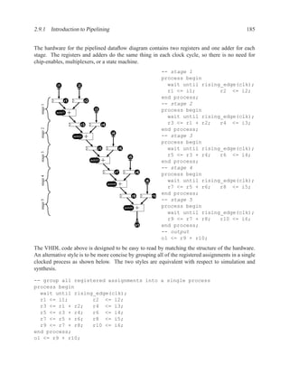 2.9.1 Introduction to Pipelining                                                                              185


The hardware for the pipelined dataﬂow diagram contains two registers and one adder for each
stage. The registers and adders do the same thing in each clock cycle, so there is no need for
chip-enables, multiplexers, or a state machine.
                                                                                   -- stage 1
                                                                                   process begin
             i1           i2                                                         wait until rising_edge(clk);
                                                                                     r1 <= i1;        r2 <= i2;
                                                                                   end process;
                  r1           r2
                                                                                   -- stage 2
   stage 1




                                      i3                                           process begin
             add1   +                                                                wait until rising_edge(clk);
                           r3              r4                                        r3 <= r1 + r2;   r4 <= i3;
   stage 2




                                                                                   end process;
                                                  i4
                        add2   +                                                   -- stage 3
                                                                                   process begin
                                       r5              r6                            wait until rising_edge(clk);
   stage 3




                                                              i5
                                                                                     r5 <= r3 + r4;   r6 <= i4;
                                    add3   +                                       end process;
                                                                                   -- stage 4
                                                   r7              r8
                                                                                   process begin
   stage 4




                                                                        i6           wait until rising_edge(clk);
                                                add4   +                             r7 <= r5 + r6;   r8 <= i5;
                                                                                   end process;
                                                               r9            r10
                                                                                   -- stage 5
   stage 5




                                                                                   process begin
                                                            add5   +
                                                                                     wait until rising_edge(clk);
                                                                                     r9 <= r7 + r8;   r10 <= i6;
                                                                   o1              end process;
                                                                                   -- output
                                                                                   o1 <= r9 + r10;
The VHDL code above is designed to be easy to read by matching the structure of the hardware.
An alternative style is to be more concise by grouping all of the registered assignments in a single
clocked process as shown below. The two styles are equivalent with respect to simulation and
synthesis.

-- group all registered assignments into a single process
process begin
  wait until rising_edge(clk);
  r1 <= i1;        r2 <= i2;
  r3 <= r1 + r2;   r4 <= i3;
  r5 <= r3 + r4;   r6 <= i4;
  r7 <= r5 + r6;   r8 <= i5;
  r9 <= r7 + r8;   r10 <= i6;
end process;
o1 <= r9 + r10;
 