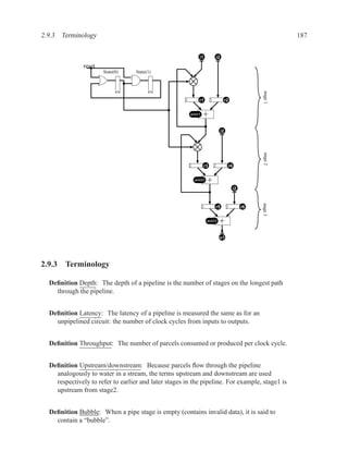 2.9.3 Terminology                                                                                  187


                                                           i1       i2
               reset
                       State(0)    State(1)




                                                                                         stage 1
                                                           r1             r2

                                                        add1   +
                                                                         i2




                                                                                         stage 2
                                                               r3             r4

                                                         add2   +
                                                                               i2




                                                                                         stage 3
                                                                    r5              r6

                                                                add3   +
                                                                       o1




2.9.3 Terminology

  Deﬁnition Depth: The depth of a pipeline is the number of stages on the longest path
    through the pipeline.


  Deﬁnition Latency: The latency of a pipeline is measured the same as for an
    unpipelined circuit: the number of clock cycles from inputs to outputs.


  Deﬁnition Throughput: The number of parcels consumed or produced per clock cycle.


  Deﬁnition Upstream/downstream: Because parcels ﬂow through the pipeline
    analogously to water in a stream, the terms upstream and downstream are used
    respectively to refer to earlier and later stages in the pipeline. For example, stage1 is
    upstream from stage2.


  Deﬁnition Bubble: When a pipe stage is empty (contains invalid data), it is said to
    contain a “bubble”.
 