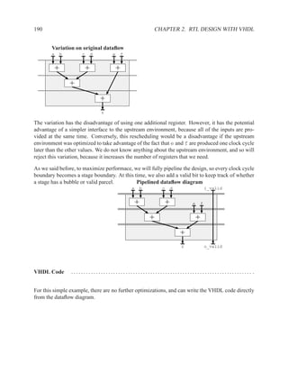 190                                                            CHAPTER 2. RTL DESIGN WITH VHDL


       Variation on original dataﬂow
       a       b       c       d       e       f


           +               +               +
                   +
                                   +
                                   z

The variation has the disadvantage of using one additional register. However, it has the potential
advantage of a simpler interface to the upstream environment, because all of the inputs are pro-
vided at the same time. Conversely, this rescheduling would be a disadvantage if the upstream
environment was optimized to take advantage of the fact that e and f are produced one clock cycle
later than the other values. We do not know anything about the upstream environment, and so will
reject this variation, because it increases the number of registers that we need.

As we said before, to maximize performace, we will fully pipeline the design, so every clock cycle
boundary becomes a stage boundary. At this time, we also add a valid bit to keep track of whether
a stage has a bubble or valid parcel.       Pipelined dataﬂow diagram
                                                   a       b       c       d                   i_valid


                                                       +               +           e       f


                                                               +                       +
                                                                               +
                                                                               z               o_valid




VHDL Code          ......................................................................... .


For this simple example, there are no further optimizations, and can write the VHDL code directly
from the dataﬂow diagram.
 