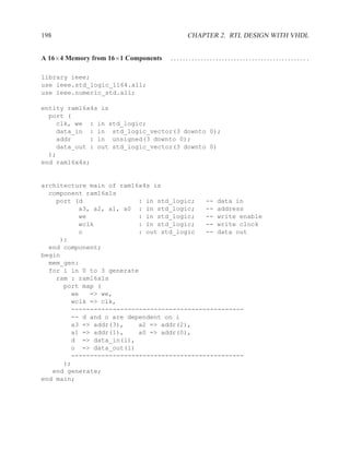 198                                       CHAPTER 2. RTL DESIGN WITH VHDL


A 16×4 Memory from 16×1 Components   ............................................. .

library ieee;
use ieee.std_logic_1164.all;
use ieee.numeric_std.all;

entity ram16x4s is
  port (
    clk, we : in std_logic;
    data_in : in std_logic_vector(3 downto 0);
    addr     : in unsigned(3 downto 0);
    data_out : out std_logic_vector(3 downto 0)
  );
end ram16x4s;


architecture main of ram16x4s is
  component ram16x1s
    port (d               : in std_logic;   -- data in
          a3, a2, a1, a0 : in std_logic;    -- address
          we              : in std_logic;   -- write enable
          wclk            : in std_logic;   -- write clock
          o               : out std_logic   -- data out
     );
  end component;
begin
  mem_gen:
  for i in 0 to 3 generate
    ram : ram16x1s
      port map (
        we   => we,
        wclk => clk,
        ----------------------------------------------
        -- d and o are dependent on i
        a3 => addr(3),    a2 => addr(2),
        a1 => addr(1),    a0 => addr(0),
        d => data_in(i),
        o => data_out(i)
        ----------------------------------------------
      );
   end generate;
end main;
 