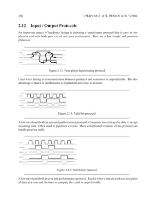 206                                                 CHAPTER 2. RTL DESIGN WITH VHDL


2.12 Input / Output Protocols
An important aspect of hardware design is choosing a input/output protocol that is easy to im-
plement and suits both your circuit and your environment. Here are a few simple and common
protocols.



rdy

data

ack



                        Figure 2.13: Four phase handshaking protocol

Used when timing of communication between producer and consumer is unpredictable. The dis-
advantage is that it is cumbersome to implement and slow to execute.



clk

valid

data



                               Figure 2.14: Valid-bit protocol

A low overhead (both in area and performance) protocol. Consumer must always be able to accept
incoming data. Often used in pipelined circuits. More complicated versions of the protocol can
handle pipeline stalls.



clk

start

data_in

done

data_out



                              Figure 2.15: Start/Done protocol

A low overhead (both in area and performance) protocol. Useful when a circuit works on one piece
of data at a time and the time to compute the result is unpredictable.
 