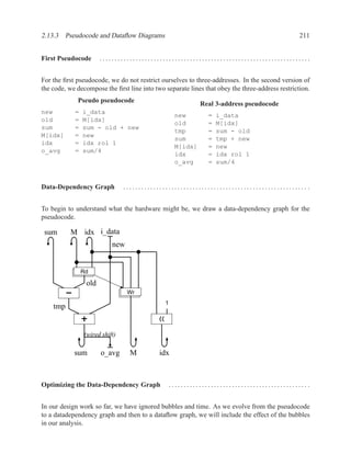 2.13.3 Pseudocode and Dataﬂow Diagrams                                                           211


First Pseudocode       ......................................................................


For the ﬁrst pseudocode, we do not restrict ourselves to three-addresses. In the second version of
the code, we decompose the ﬁrst line into two separate lines that obey the three-address restriction.
             Pseudo pseudocode
                                                            Real 3-address pseudocode
new         =   i_data
                                                   new         =   i_data
old         =   M[idx]
                                                   old         =   M[idx]
sum         =   sum - old + new
                                                   tmp         =   sum - old
M[idx]      =   new
                                                   sum         =   tmp + new
idx         =   idx rol 1
                                                   M[idx]      =   new
o_avg       =   sum/4
                                                   idx         =   idx rol 1
                                                   o_avg       =   sum/4



Data-Dependency Graph           ............................................................. .


To begin to understand what the hardware might be, we draw a data-dependency graph for the
pseudocode.

 sum       M idx i_data
                           new


                Rd

                 old
                                 Wr
                                              1
    tmp


                (wired shift)

            sum        o_avg      M         idx



Optimizing the Data-Dependency Graph              .............................................. .


In our design work so far, we have ignored bubbles and time. As we evolve from the pseudocode
to a datadependency graph and then to a dataﬂow graph, we will include the effect of the bubbles
in our analysis.
 