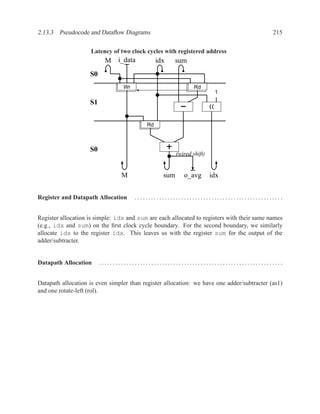 2.13.3 Pseudocode and Dataﬂow Diagrams                                                      215


                    Latency of two clock cycles with registered address
                           M   i_data          idx   sum
                    S0
                                 Wr                            Rd
                                                                        1

                    S1


                                          Rd



                    S0
                                                       (wired shift)


                                 M               sum      o_avg        idx


Register and Datapath Allocation      ......................................................


Register allocation is simple: idx and sum are each allocated to registers with their same names
(e.g., idx and sum) on the ﬁrst clock cycle boundary. For the second boundary, we similarly
allocate idx to the register idx. This leaves us with the register sum for the output of the
adder/subtracter.


Datapath Allocation      ...................................................................


Datapath allocation is even simpler than register allocation: we have one adder/subtracter (as1)
and one rotate-left (rol).
 