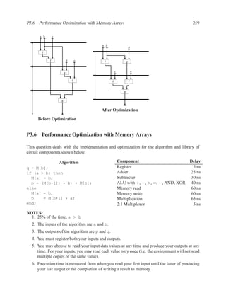 P3.6 Performance Optimization with Memory Arrays                                             259


       a b       c

                                          a b
                                                                    d
        f

             f                d       e    f                    g


                          g                          c                  e


                                  f              f                  f


                                                            g


                      g


                                          After Optimization

      Before Optimization


P3.6 Performance Optimization with Memory Arrays

This question deals with the implementation and optimization for the algorithm and library of
circuit components shown below.

                     Algorithm                           Component                        Delay
q = M[b];                                                Register                          5 ns
if (a > b) then                                          Adder                            25 ns
  M[a] = b;                                              Subtracter                       30 ns
  p = (M[b-1]) * b) + M[b];                              ALU with +, −, >, =, −, AND, XOR 40 ns
else                                                     Memory read                      60 ns
  M[a] = b;                                              Memory write                     60 ns
  p    = M[b+1] * a;                                     Multiplication                   65 ns
end;                                                     2:1 Multiplexor                   5 ns
NOTES:
  1. 25% of the time, a > b
  2. The inputs of the algorithm are a and b.
  3. The outputs of the algorithm are p and q.
  4. You must register both your inputs and outputs.
  5. You may choose to read your input data values at any time and produce your outputs at any
     time. For your inputs, you may read each value only once (i.e. the environment will not send
     multiple copies of the same value).
  6. Execution time is measured from when you read your ﬁrst input until the latter of producing
     your last output or the completion of writing a result to memory
 