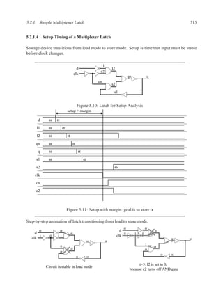 5.2.1 Simple Multiplexer Latch                                                                                    315


5.2.1.4 Setup Timing of a Multiplexer Latch

Storage device transitions from load mode to store mode. Setup is time that input must be stable
before clock changes.

                                                           l1
                                        d                           l2
                                                           c2
                                      clk
                                                                                 qn           q
                                                          cn
                                                                    s2

                                                                     s1


                                          Figure 5.10: Latch for Setup Analysis
                              setup + margin

      d      ω    α
      l1     ω            α
      l2     ω                α
     qn      ω                        α

      q      ω                                α
     s1      ω                                    α

     s2                                                              ω

     clk
     cn

     c2



                              Figure 5.11: Setup with margin: goal is to store α

Step-by-step animation of latch transitioning from load to store mode.
                                                                            α                 α
       α              α                                                    d                      0
     d                            α                                          0        1   0
       1     0    1                                                      clk
   clk                                                                                                    α       α
                                                      α         α
                                                                                              1
                      0                                                                           α
                                  0                                                           α
                      α
                                                                                                      α   α
                                          α           α

                                                                                        t=3: l2 is set to 0,
           Circuit is stable in load mode
                                                                                  because c2 turns off AND gate
 