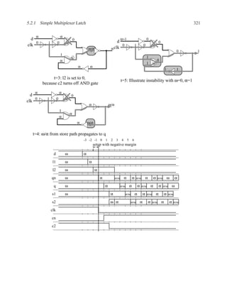 5.2.1 Simple Multiplexer Latch                                                                                                                                     321


    α                    α
  d                                  0                                         α=1                                 0
    0      1         0                                                  d                                                              0
clk                                                                       0                        1           0
                                                 ω/α                α clk
                                                                                                                                                               0    1
                         1
                                 α                                                                                 1
                         α                                                                                                         0
                                                                                                                   1
                                         α        α
                                                                                                                                               1               1

              t=3: l2 is set to 0,
                                                                               t=5: Illustrate instability with ω=0, α=1
        because c2 turns off AND gate

    α                    α
  d                              0
    0     1          0
clk
                                                 α                 ω/α
                         1
                                 α
                         α
                                         α       ω/α


   t=4: ω/α from store path propagates to q
                                             -3 -2 -1 0        1    2    3     4       5       6
                                                      setup with negative margin

                d            ω               α

                l1           ω                   α

                l2           ω                         α

               qn            ω                             α             α/ω       α           α   α/ω             α           α   α/ω             ω           α

                q            ω                                 α               α/ω         α           α   α/ω             α           α   α/ω             ω

               s1            ω                                      α                α/ω           α           α   α/ω             α           α   α/ω

               s2                                                   ω α                    α/ω             α           α   α/ω             α           α   α/ω

               clk
               cn

               c2
 