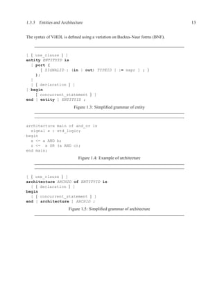 1.3.3 Entities and Architecture                                              13


The syntax of VHDL is deﬁned using a variation on Backus-Naur forms (BNF).



[ { use_clause } ]
entity ENTITYID is
  [ port (
      { SIGNALID : (in | out) TYPEID [ := expr ] ; }
    );
  ]
  [ { declaration } ]
[ begin
    { concurrent_statement } ]
end [ entity ] ENTITYID ;
                          Figure 1.3: Simpliﬁed grammar of entity



architecture    main of and_or is
  signal x :    std_logic;
begin
  x <= a AND    b;
  z <= x OR     (a AND c);
end main;
                            Figure 1.4: Example of architecture



[ { use_clause } ]
architecture ARCHID of ENTITYID is
  [ { declaration } ]
begin
  [ { concurrent_statement } ]
end [ architecture ] ARCHID ;
                       Figure 1.5: Simpliﬁed grammar of architecture
 