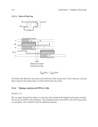 332                                                           CHAPTER 5. TIMING ANALYSIS


5.2.3.4 Hold of Flip-Flop

             d               m                 q

          clk       EN            EN




      d                  α             β

   clk
      m                       α

clk_b

      q                                            α



                         Hold time for latch
                         Hold time for flop


                                       T     Flop = T Latch
                                           HO        HO

The hold of the ﬂip ﬂop is the same as the hold time of the master latch. This is because, once the
data is stored in the master latch, it will be held for the slave latch.


5.2.4 Timing Analysis of FPGA Cells

(Smith 5.1.5)

We can apply hierarchical analysis to structures that include both datapath and storage circuitry.
We use an Actel FPGA cell to illustrate. The description of the Actel FPGA cell in the course notes
is incomplete, refer to Smith’s book for additional material.
 