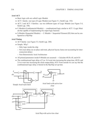 334                                                             CHAPTER 5. TIMING ANALYSIS


Actel ACT
     • Basic logic cells are called Logic Module
     • ACT 1 family: one type of Logic Module (see Figure 5.1, Smith’s pp. 192)
     • ACT 2 and ACT 3 families: use two different types of Logic Module (see Figure 5.4,
       Smith’s pp. 198)
     • C-Module (Combinatorial Module) — combinational logic similar to ACT 1 Logic Mod-
       ule but capable of implementing ﬁve-input logic function
     • S-Module (Sequential Module) — C-Module + Sequential Element (SE) that can be con-
       ﬁgured as a ﬂip-ﬂop

Actel Timing
     • ACT family: (see Figure 5.5, Smith’s pp. 200)
     • Simple. Why?
       – Only logic inside the chip
       – Not exact delay (as no place and route, physical layout, hence not accounting for inter-
         connection delay)
       – Non-Deterministic Actel Architecture
       • All primed parameters inside S-Module are assumed — Calculate tSUD, tH, and tCO
       • The combinational logic delay of 3 ns: 0.4 went into increasing the setup time, tSUD, and
         2.6 ns went into increasing the clock-output delay, tCO. From outside we can say that the
         combinational logic delay is buried in the ﬂip-ﬂop set up time


  d                                      q
                                                                           q
clk                                            d
                                             clk

                                                          clr
                                             Actel latch with active-low
  Simple Actel-style latch
                                                        clear


                                     m
  d                                                         q
clk


 clr




                                 Actel ﬂop with active-low clear
 