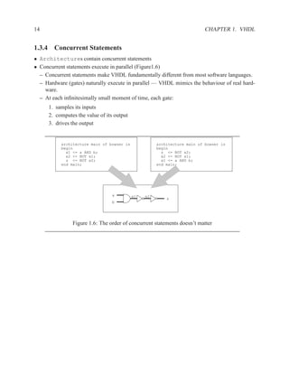 14                                                                         CHAPTER 1. VHDL


1.3.4 Concurrent Statements
• Architectures contain concurrent statements
• Concurrent statements execute in parallel (Figure1.6)
  – Concurrent statements make VHDL fundamentally different from most software languages.
  – Hardware (gates) naturally execute in parallel — VHDL mimics the behaviour of real hard-
    ware.
  – At each inﬁnitesimally small moment of time, each gate:
      1. samples its inputs
      2. computes the value of its output
      3. drives the output


           architecture main of bowser is             architecture main of bowser is
           begin                                      begin
             x1 <= a AND b;                             z <= NOT x2;
             x2 <= NOT x1;                              x2 <= NOT x1;
             z <= NOT x2;                               x1 <= a AND b;
           end main;                                  end main;




                                  a         x1   x2
                                                          z
                                  b




                Figure 1.6: The order of concurrent statements doesn’t matter
 