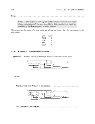 338                                                                  CHAPTER 5. TIMING ANALYSIS


Notes     ................................................................................ .


           Note:     The analysis of critical paths and false paths assumes that all inputs
           change values at exactly the same time. Timing differences between inputs are
           modelled by the skew parameter in timing analysis.

Throughout our discussion of critical paths, we will use the delay values for gates shown in the
table below.
                                                gate delay
                                                NOT      2
                                                AND      4
                                                OR       4
                                                XOR      6


5.3.1.1 Example of Critical Path in Full Adder

  Question:        Find the critical path through the full-adder circuit shown below.

                       ci
                                        i                                                      s
                        a
                        b                                     k
                                        j                                                      co




  Answer:



        Annotate with Max Distance to Destination          . . . . . . . . . . . . . . . . . . . . . . . . . . . . . . . . ..

                            8                          6
                       ci                                       0                          0
                          14       14                  6                                        s
                        a                   8
                          14       14                  8
                        b                                       4          4
                                   8                   8                              0    0
                                            4                              4                    co
                                   8




        Find Candidate Critical Path        .............................................. .
 
