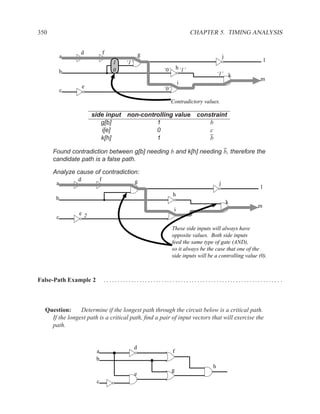 350                                                                  CHAPTER 5. TIMING ANALYSIS


                 d              f                 g
           a                                                                           j
                                    1   ‘1’                                                              l
        b                           0                 ‘0’ h ‘1’
                                                                                   ‘1’ k
                                                                                                     m
                                                                 i
                   e                                  ‘0’
           c

                                                            Contradictory values.

                       side input non-controlling value                constraint
                          g[b]             1                               b
                          i[e]             0                               c
                          k[h]             1                               b

      Found contradiction between g[b] needing b and k[h] needing b, therefore the
      candidate path is a false path.

      Analyze cause of contradiction:
               d            f                 g
       a                                                                           j
                                                                                                     l
                                                            h
       b
                                                                                           k
                                                                                                   m
                                                             i
                e 2
       c

                                                            These side inputs will always have
                                                            opposite values. Both side inputs
                                                            feed the same type of gate (AND),
                                                            so it always be the case that one of the
                                                            side inputs will be a controlling value (0).



False-Path Example 2            ................................................................ .



  Question:     Determine if the longest path through the circuit below is a critical path.
    If the longest path is a critical path, ﬁnd a pair of input vectors that will exercise the
    path.


                                              d
                        a                                   f
                        b
                                                                               h
                                                            g
                                              e
                        c
 