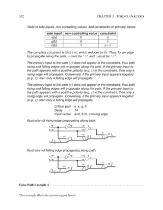 352                                                              CHAPTER 5. TIMING ANALYSIS


      Table of side inputs, non-controlling values, and constraints on primary inputs:

                     side input non-controlling value             constraint
                        e[a]             0                            a
                        g[b]             0                            b
                        h[b]             1                          a+b

      The complete constraint is ab(a + b), which reduces to ab. Thus, for an edge
      to propagate along the path, a must be ’0’ and b must be ’0’.

      The primary input to the path (c) does not appear in the constraint, thus both
      rising and falling edges will propagate along the path. If the primary input to
      the path appears with a positive polarity (e.g. c) in the constraint, then only a
      rising edge will propagate. Conversely, if the primary input appears negated
      (e.g., c), then only a falling edge will propagate.

      The primary input to the path (c) does not appear in the constraint, thus both
      rising and falling edges will propagate along the path. If the primary input to
      the path appears with a positive polarity (e.g. c) in the constraint, then only a
      rising edge will propagate. Conversely, if the primary input appears negated
      (e.g., c), then only a falling edge will propagate.

                              Critical path     c, e, g, h
                              Delay             14
                              Input vector      a=0, b=0, c=rising edge

      Illustration of rising edge propagating along path:
                                         d‘1’
                       a‘0’                         ‘1’   f‘1’
                       b‘0’                         ‘0’
                                                                  ‘1’
                                                    ‘0’                   h
                                   ‘0’                    g
                                         e
                       c


      Illustration of falling edge propagating along path:
                                         d‘1’
                       a‘0’                         ‘1’   f‘1’
                       b‘0’                         ‘0’
                                                                  ‘1’
                                                    ‘0’                   h
                                   ‘0’                    g
                                         e
                       c



False-Path Example 4       ................................................................ .


This example illustrates reconvergent fanout.
 