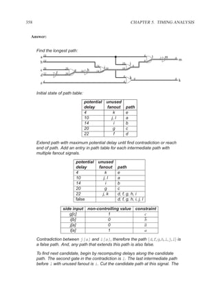 358                                                                CHAPTER 5. TIMING ANALYSIS


  Answer:


      Find the longest path:
        a 10                                                                  6
                                                                                  l    2   m   0
                                                                                                   m
        b 14                                                10    j
                                                                              6
                                           14                         6
                                                 i 10
        c 20           20
                            g   16    h    14
                                                            10
                 f
        d 22           20
                                                            4
                                                                  k   0                        0
            4                                               4                                      k
        e

      Initial state of path table:

                                     potential     unused
                                     delay         fanout        path
                                     4                k          e
                                     10              j, l        a
                                     14                i         b
                                     20               g          c
                                     22                f         d

      Extend path with maximum potential delay until ﬁnd contradiction or reach
      end of path. Add an entry in path table for each intermediate path with
      multiple fanout signals.

                             potential unused
                             delay     fanout           path
                             4             k            e
                             10           j, l          a
                             14             i           b
                             20            g            c
                             22          j, k           d, f, g, h, i
                             false                      d, f, g, h, i, j, l

                     side input non-controlling value                     constraint
                        g[c]             1                                    c
                        i[b]             0                                    b
                        j[a]             0                                    a
                        l[a]             1                                    a

      Contradiction between j[a] and l[a], therefore the path d,f,g,h,i,j,l is
      a false path. And, any path that extends this path is also false.

      To ﬁnd next candidate, begin by recomputing delays along the candidate
      path. The second gate in the contradiction is l. The last intermediate path
      before l with unused fanout is i. Cut the candidate path at this signal. The
 