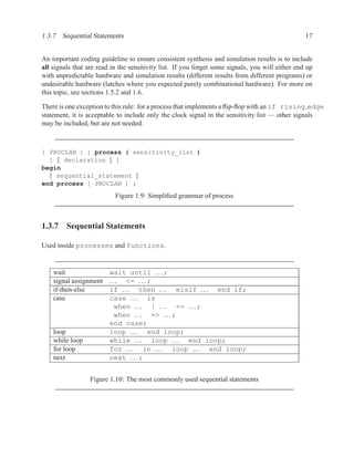 1.3.7 Sequential Statements                                                                       17


An important coding guideline to ensure consistent synthesis and simulation results is to include
all signals that are read in the sensitivity list. If you forget some signals, you will either end up
with unpredictable hardware and simulation results (different results from different programs) or
undesirable hardware (latches where you expected purely combinational hardware). For more on
this topic, see sections 1.5.2 and 1.6.

There is one exception to this rule: for a process that implements a ﬂip-ﬂop with an if rising edge
statement, it is acceptable to include only the clock signal in the sensitivity list — other signals
may be included, but are not needed.



[ PROCLAB : ] process ( sensitivity_list )
  [ { declaration } ]
begin
  { sequential_statement }
end process [ PROCLAB ] ;
                           Figure 1.9: Simpliﬁed grammar of process



1.3.7 Sequential Statements

Used inside processes and functions.


    wait                 wait until . . . ;
    signal assignment    . . . <= . . . ;
    if-then-else         if . . . then . . . elsif . . . end if;
    case                 case . . . is
                            when . . . | . . . => . . . ;
                            when . . . => . . . ;
                         end case;
    loop                 loop . . . end loop;
    while loop           while . . . loop . . . end loop;
    for loop             for . . . in . . . loop . . . end loop;
    next                 next . . . ;


                  Figure 1.10: The most commonly used sequential statements
 
