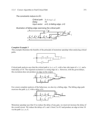 5.3.5 Correct Algorithm to Find Critical Path                                                                                                   371


         The constraints reduce to abc.
                                          Critical path              b, d, e, g, i, j
                                          Delay                     14
                                          Input vector              a=0, b=falling edge, c=0

         Illustration of falling edge exercising the critical path:
                                a
                                    0                                       f 8                                            8
                                                                    4                                                              14
                                                                                                          6   i                j
                                                                                                         10           10                j
                                    0   d       2   e   4           4       g           6
                                                                                             h      10
                               b
                                    0                                                       i
                               c



Complete Example 3 . . . . . . . . . . . . . . . . . . . . . . . . . . . . . . . . . . . . . . . . . . . . . . . . . . . . . . . . . . . . . . . . . .
This example illustrates the beneﬁts of the principle of monotone speedup when analyzing critical
paths.

                                                                b               d                                 f
                                            a                                               e

                                                                c



Critical-path analysis says that the critical path is a, c, e, f , with a late side input of e[d] and a
total delay of 10. The required excitation is a rising edge on a. However, with the given delays,
this excitation does not produce an edge on the output.
                                                                                                     0
                                                0           0           2           4
                                                                b               d                                 f
                                            a                                               e
                                                            0           2
                                                                c



For a more complete analysis of the behaviour, we also try a falling edge. The falling edge path
exercises the path a, f with a delay of 4.
                                                                                                     0
                                                0           0           2           4                                 4
                                                                b               d               6                 f
                                            a                                               e
                                                            0           2
                                                                c



Monotone speedup says that if we reduce the delay of any gate, we must not increase the delay of
the overall circuit. We reduce the delays of b and d from 2 to 0.5 and produce an edge at time 10
via the path a, c, e, f .
 