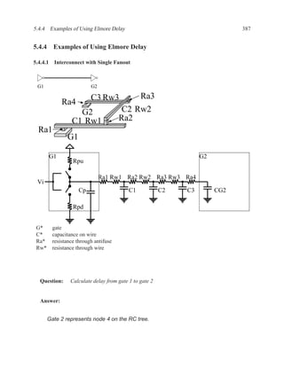 5.4.4 Examples of Using Elmore Delay                                          387


5.4.4 Examples of Using Elmore Delay

5.4.4.1 Interconnect with Single Fanout



 G1                       G2

                          C3 Rw3                Ra3
             Ra4
                   G2                  C2 Rw2
                 C1 Rw1                Ra2
 Ra1
               G1

       G1                                                          G2
                  Rpu

                               Ra1 Rw1 Ra2 Rw2 Ra3 Rw3 Ra4
 Vi
                    Cp                     C1            C2   C3        CG2

                  Rpd


 G*      gate
 C*      capacitance on wire
 Ra*     resistance through antifuse
 Rw*     resistance through wire




  Question:      Calculate delay from gate 1 to gate 2


  Answer:


       Gate 2 represents node 4 on the RC tree.
 
