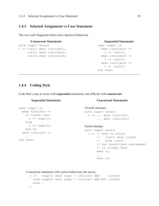 1.4.3 Selected Assignment vs Case Statement                                                   19


1.4.3 Selected Assignment vs Case Statement

The two code fragments below have identical behaviour

         Concurrent Statements                                        Sequential Statements
with <expr> select                                              case <expr> is
t <= <val1> when <choices1>,                                      when <choices1> =>
     <val2> when <choices2>,                                        t <= <val1>;
     <val3> when <choices3>;                                      when <choices2> =>
                                                                    t <= <val2>;
                                                                  when <choices3> =>
                                                                    t <= <val3>;
                                                                end case;




1.4.4 Coding Style

Code that’s easy to write with sequential statements, but difﬁcult with concurrent:

          Sequential Statements                                 Concurrent Statements

case <expr> is                                      Overall structure:
  when <choice1> =>                                 with <expr> select
    if <cond> then                                    t <= ... when <choice1>,
        o <= <expr1>;                                      ... when <choice2>;
    else
        o <= <expr2>;                               Failed attempt:
    end if;                                         with <expr> select
  when <choice2> =>                                   t <= -- want to write:
    ...                                                    --   <val1> when <cond>
end case;                                                  --   else <val2>
                                                           -- but conditional assignment
                                                           -- is illegal here
                                                           when c1,
                                                           ...
                                                           when c2;



      Concurrent statement with correct behaviour, but messy:
        t <=   <expr1> when (expr = <choice1> AND     <cond>)
          else <expr2> when (expr = <choice1> AND NOT <cond>)
          else . . .
        ;
 
