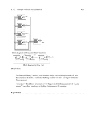 6.5.2 Example Problem: Sixteen Pulser                                                                                                                       421


                     d(0)
         PLA




                     d(1)
         PLA




                     d(2)
         PLA




                     d(3)                  PLA
                                                             done
         PLA




 Block diagram for Gray and Binary Counters
                 d(0)                    d(1)
                                                                          d(15)      done
       PLA                  PLA                          PLA




               Block diagram for One-Hot
Observation:


     The Gray and Binary counters have the same design, and the Gray counter will have
     the lower activity factor. Therefore, the Gray counter will have lower power than the
     Binary counter.

     However, we don’t know how much lower the power of the Gray counter will be, and
     we don’t know how much power the One-Hot counter will consume.


Capacitance    . . . . . . . . . . . . . . . . . . . . . . . . . . . . . . . . . . . . . . . . . . . . . . . . . . . . . . . . . . . . . . . . . . . . . . . . . ..
 