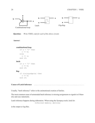 24                                                                            CHAPTER 1. VHDL


                 a
                                         b                   z         b       D   Q       z
  b
                                z
                                         a       EN                    a
                                    Latch                         Flip-ﬂop
       Combinational loop


     Question:       Write VHDL code for each of the above circuits


     Answer:


        combinational loop
              if a = ’1’ then
                z <= b;
              else
                z <= z;
              end if;
        latch
              if a = ’1’ then
                z <= b;
              end if;
        ﬂop
              if rising edge(a) then
                z <= b;
              end if;



Causes of Latch Inference           ............................................................ .


Usually, “latch inference” refers to the unintentional creation of latches.

The most common cause of unintended latch inference is missing assignments to signals in if-then-
else and case statements.

Latch inference happens during elaboration. When using the Synopsys tools, look for:
                              Inferred memory devices

in the output or log ﬁles.
 