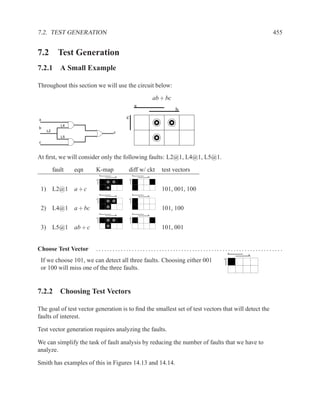 7.2. TEST GENERATION                                                                                 455


7.2 Test Generation
7.2.1 A Small Example

Throughout this section we will use the circuit below:

                                                         ab + bc
                                                 a
                                                                   b
a                                    c
            L4
b
    L2                          z
            L5
c


At ﬁrst, we will consider only the following faults: L2@1, L4@1, L5@1.

         fault   eqn    K-map         diff w/ ckt           test vectors
                            a                a
                                b                    b
                        c                c



 1) L2@1 a + c                                              101, 001, 100
                            a                a
                                b                    b
                        c                c



 2) L4@1 a + bc                                             101, 100
                            a                a
                                b                    b
                        c                c



 3) L5@1 ab + c                                             101, 001


Choose Test Vector      ................................................................... .
                                                                                  a
                                                                                         b
                                                                              c
 If we choose 101, we can detect all three faults. Choosing either 001
 or 100 will miss one of the three faults.


7.2.2 Choosing Test Vectors

The goal of test vector generation is to ﬁnd the smallest set of test vectors that will detect the
faults of interest.

Test vector generation requires analyzing the faults.

We can simplify the task of fault analysis by reducing the number of faults that we have to
analyze.

Smith has examples of this in Figures 14.13 and 14.14.
 