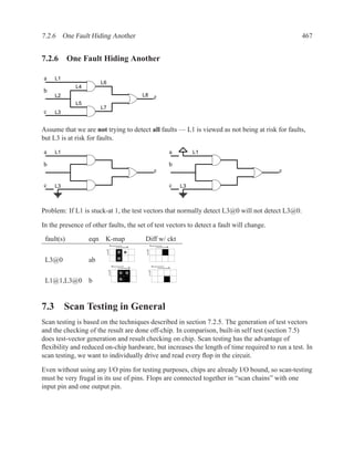 7.2.6 One Fault Hiding Another                                                                   467


7.2.6 One Fault Hiding Another

a    L1
                       L6
             L4
b
     L2                                          L8               z
             L5
                       L7
c    L3


Assume that we are not trying to detect all faults — L1 is viewed as not being at risk for faults,
but L3 is at risk for faults.
a    L1                                                                   a        L1

b                                                                         b
                                                                  z                       z

c    L3                                                                   c   L3



Problem: If L1 is stuck-at 1, the test vectors that normally detect L3@0 will not detect L3@0.

In the presence of other faults, the set of test vectors to detect a fault will change.

 fault(s)         eqn K-map                       Diff w/ ckt
                                 a                        a
                                         b                            b
                         c                        c



 L3@0             ab
                                     a                        a
                                             b                            b
                             c                        c



 L1@1,L3@0 b


7.3 Scan Testing in General
Scan testing is based on the techniques described in section 7.2.5. The generation of test vectors
and the checking of the result are done off-chip. In comparison, built-in self test (section 7.5)
does test-vector generation and result checking on chip. Scan testing has the advantage of
ﬂexibility and reduced on-chip hardware, but increases the length of time required to run a test. In
scan testing, we want to individually drive and read every ﬂop in the circuit.

Even without using any I/O pins for testing purposes, chips are already I/O bound, so scan-testing
must be very frugal in its use of pins. Flops are connected together in “scan chains” with one
input pin and one output pin.
 
