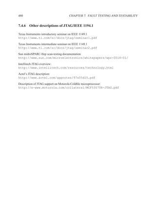 480                               CHAPTER 7. FAULT TESTING AND TESTABILITY


7.4.6 Other descriptions of JTAG/IEEE 1194.1

Texas Instruments introductory seminar on IEEE 1149.1
http://www.ti.com/sc/docs/jtag/seminar1.pdf

Texas Instruments intermediate seminar on IEEE 1149.1
http://www.ti.com/sc/docs/jtag/seminar2.pdf

Sun midroSPARC-IIep scan-testing documentation
http://www.sun.com/microelectronics/whitepapers/wpr-0018-01/

Intellitech JTAG overview:
http://www.intellitech.com/resources/technology.html

Actel’s JTAG description:
http://www.actel.com/appnotes/97s05d15.pdf

Description of JTAG support on Motorola Coldﬁle microprocessor:
http://e-www.motorola.com/collateral/MCF5307TR-JTAG.pdf
 