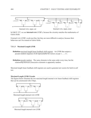 484                                                                          CHAPTER 7. FAULT TESTING AND TESTABILITY



                                                                                    reset
                      d0       R    q0             d1       R    q1 d2       R     q2
    i
                                                                                            d0   R   q0    d1   R   q1          d2    R      q2
                                                                                        i
                               S                            S                S


  set                                                                                            S              S                     S


                 Internal-XOR, input, set                                                   Internal-XOR, input, reset
In E&CE 327, we use internal-XOR LFSR’s, because the circuitry matches the mathematics of
Galois ﬁelds.

External-XOR LFSR’s work just ﬁne, but they are more difﬁcult to analyze, because their
behaviour can’t be treated as Galois ﬁelds.


7.5.1.3 Maximal-Length LFSR

    Deﬁnition maximal-length linear feedback shift register: An LFSR that outputs a
      pseudo-random sequence of all representable bit-vectors except 0...00.


    Deﬁnition pseudo random: The same elements in the same order every time, but the
      relationship between consecutive elements is apparantly random.


Maximal-length linear feedback shift registers are used to generate test vectors for built-in self
test.


Maximal-Length LFSR Circuits . . . . . . . . . . . . . . . . . . . . . . . . . . . . . . . . . . . . . . . . . . . . . . . . . . . . . . .
The ﬁgures below illustrate the two maximal-length internal-XOR linear feedback shift registers
that can be constructed with 3 ﬂops.

            d0   R     q0 d1        R    q1                 d2   R   q2


                 S                  S                            S


      set

      Maximal-length internal-XOR LFSR


                 d0        R   q0             d1        R    q1 d2       R    q2


                           S                            S                S


   set

         Maximal-length internal-XOR LFSR
 