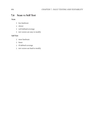 496                                        CHAPTER 7. FAULT TESTING AND TESTABILITY


7.6 Scan vs Self Test
Scan

       ⇑ less hardware
       ⇓ slower
       ⇑ well deﬁned coverage
       ⇑ test vectors are easy to modify

Self Test

       ⇓ more hardware
       ⇑ faster
       ⇓ ill deﬁned coverage
       ⇓ test vectors are hard to modify
 