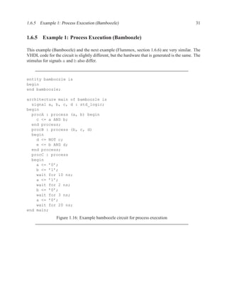 1.6.5 Example 1: Process Execution (Bamboozle)                                                   31


1.6.5 Example 1: Process Execution (Bamboozle)

This example (Bamboozle) and the next example (Flummox, section 1.6.6) are very similar. The
VHDL code for the circuit is slightly different, but the hardware that is generated is the same. The
stimulus for signals a and b also differ.



entity bamboozle is
begin
end bamboozle;

architecture main of bamboozle is
  signal a, b, c, d : std_logic;
begin
  procA : process (a, b) begin
    c <= a AND b;
  end process;
  procB : process (b, c, d)
  begin
    d <= NOT c;
    e <= b AND d;
  end process;
  procC : process
  begin
    a <= ’0’;
    b <= ’1’;
    wait for 10 ns;
    a <= ’1’;
    wait for 2 ns;
    b <= ’0’;
    wait for 3 ns;
    a <= ’0’;
    wait for 20 ns;
end main;
                 Figure 1.16: Example bamboozle circuit for process execution
 