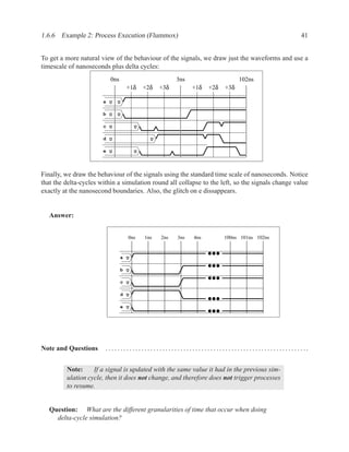 1.6.6 Example 2: Process Execution (Flummox)                                                                                                  41


To get a more natural view of the behaviour of the signals, we draw just the waveforms and use a
timescale of nanoseconds plus delta cycles:
                           0ns                                    3ns                                    102ns
                                    +1δ       +2δ       +3δ                 +1δ       +2δ       +3δ

                       a U     U

                       b U     U

                       c U               U

                       d U                         U

                       e U               U




Finally, we draw the behaviour of the signals using the standard time scale of nanoseconds. Notice
that the delta-cycles within a simulation round all collapse to the left, so the signals change value
exactly at the nanosecond boundaries. Also, the glitch on e dissappears.


   Answer:


                                     0ns       1ns       2ns       3ns       4ns                100ns 101ns 102ns


                                 a U

                                 b U

                                 c U

                                 d U

                                 e U




Note and Questions      . . . .. . . . . .. . . . . .. . . . . .. . . . . .. . . . . .. . . . . .. . . . . .. . . . . .. . . . . .. . . . . .. . ..


         Note:     If a signal is updated with the same value it had in the previous sim-
         ulation cycle, then it does not change, and therefore does not trigger processes
         to resume.


   Question: What are the different granularities of time that occur when doing
     delta-cycle simulation?
 
