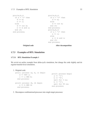 1.7.3 Examples of RTL Simulation                                                           53


  proc(a,b,c)                                    proc(a,b,c)
    if a = ’1’ then                                if a = ’1’ then
      d <= b;                                        d <= b;
      e <= c;                                      else
    else                                             d <= not b;
      d <= not b;                                  end if;
      e <= b and c;                              end process;
    end if;                                      proc(a,b,c)
  end process;                                     if a = ’1’ then
                                                     e <= c;
                                                   else
                                                     e <= b and c;
                                                   end if;
                                                 end process;

                Original code                              After decomposition


1.7.3 Examples of RTL Simulation

1.7.3.1 RTL Simulation Example 1

We revisit an earlier example from delta-cycle simulation, but change the code slightly and do
register-transfer-level simulation.


  1. Original code:
     proc1: process (a, b, c) begin
                                                      proc3: process begin
         d <= NOT c;
                                                        a <= ’1’;
         c <= a AND b;
                                                        b <= ’0’;
       end process;
                                                        wait for 3 ns;
                                                        b <= ’1’;
     proc2: process (b, d) begin
                                                        wait for 99 ns;
         e <= b AND d;
                                                      end process;
       end process;


  2. Decompose combinational processes into single-target processes:
 